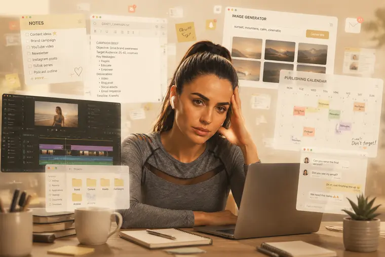 An expert buried under notes, editors, image generators, video timelines and calendars
