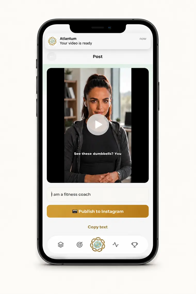 Atlantum on a phone: a finished expert video with a 'Your video is ready' notification